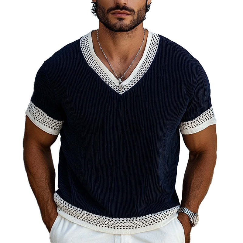 Men's Contrast Knit V-Neck Short Sleeve Sweater T-Shirt