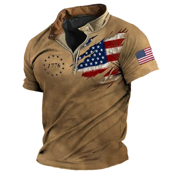 USA FLAG Patriot 1776 Print Zipper Polo T-shirt