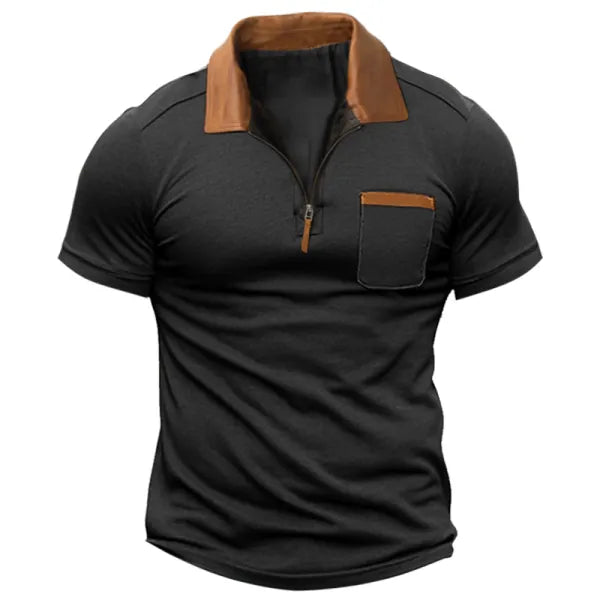 Men's Colorblock 1/4 Zip Leather Lapel Casual Pocket Short Sleeve POLO