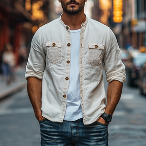 Men's Spring Fashion Personalized Lace Pocket Stitching Cotton And Linen Long Sleeve Shirt