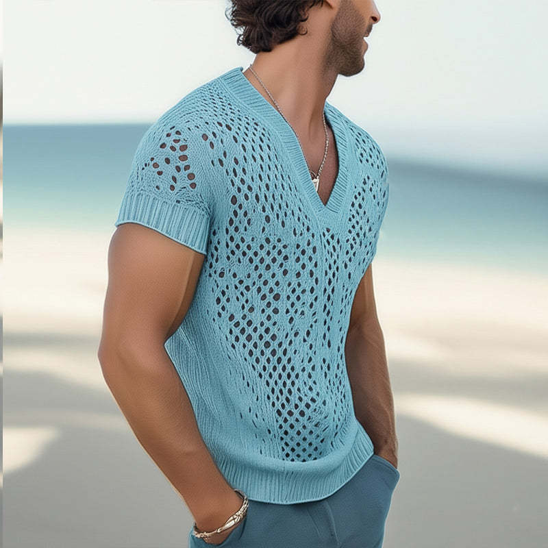 Sommermode für Herren, V-Ausschnitt, gestricktes Mesh, atmungsaktives T-Shirt