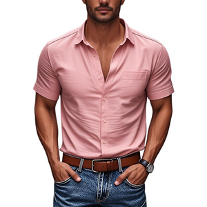 Men's Casual Cotton Lapel Patch Pocket Single Breasted Slim Fit Short Sleeve Shirt