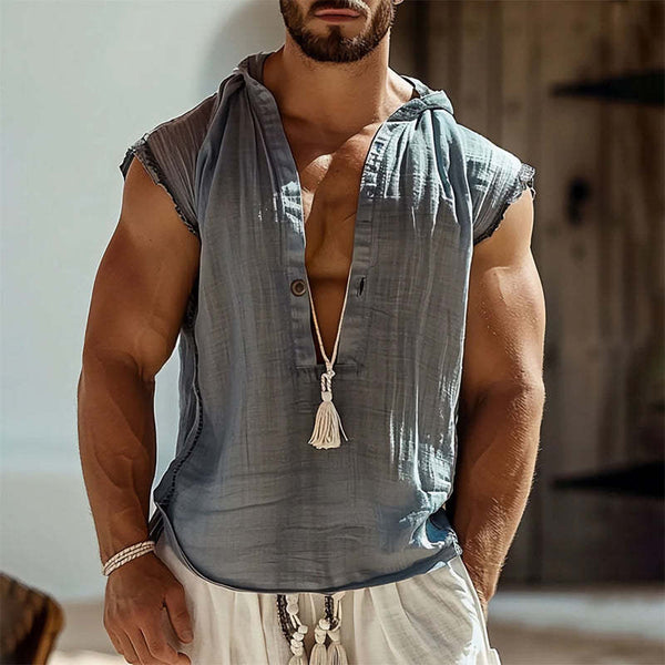 Men's Light Gray Ice Silk Pleated Hooded Tank Top