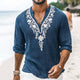 Lässiges Vintage-Langarmhemd aus Baumwolle und Leinen mit Henley-Kragen und Stickerei für Herren