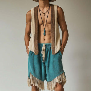 Men's Spring Fashion Towel Cloth Tassel Sleeveless Shorts Set