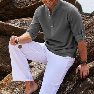 Men's Waffle Stand Collar Rolled Sleeve Long Sleeve Shirt