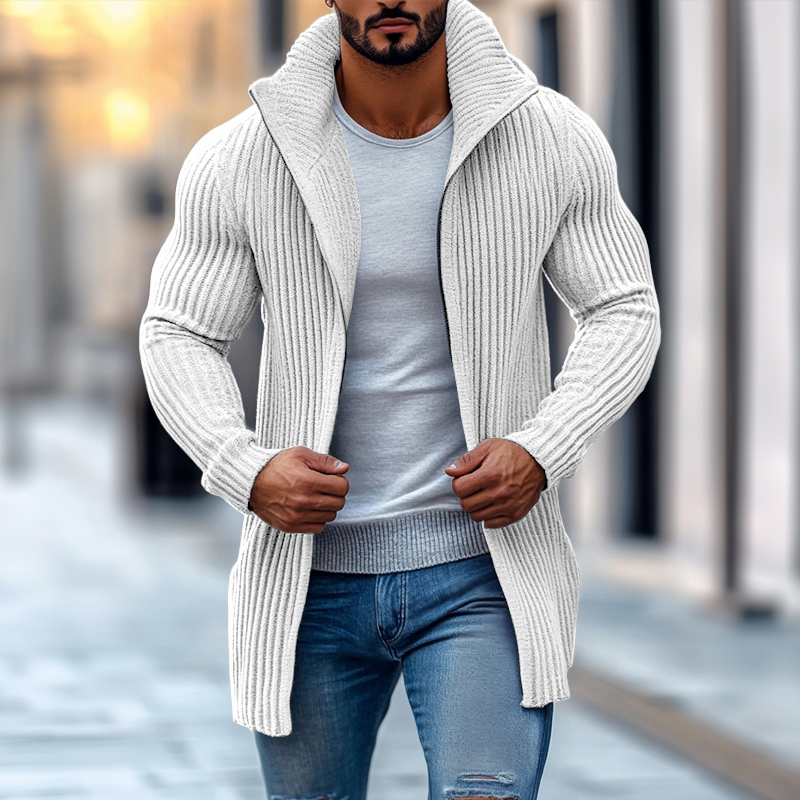 Modischer Herren-Strickpullover mit Stehkragen, einfarbig, gestreift, langen Ärmeln und mittlerer Länge