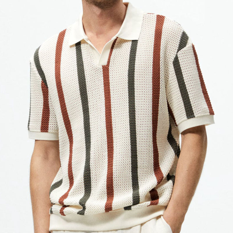 THICK NEEDLE HOLLOWED OUT STRIPED CONTRASTING WOOLEN CASUAL POLO SHIRT