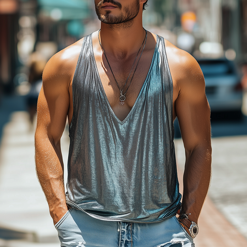 Herren Frühlings- und Sommermode Sexy Tanktop aus Seide und Baumwolle mit tiefem V-Ausschnitt