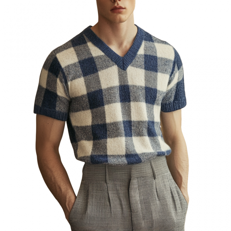 Men's Casual Plaid V-neck Slim Fit Knitted Short Sleeve Sweater T-Shirt
