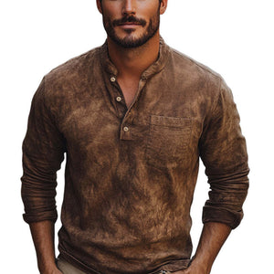 Braunes Tie-Dye-T-Shirt aus Baumwolle mit langen Ärmeln und Button-Down-Kragen für Herren