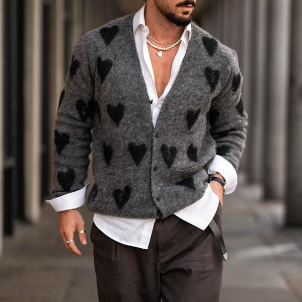 Modische einreihige Strickjacke mit Herzgrafik und V-Ausschnitt für Herren