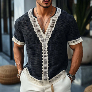 Men's Casual Spliced Lace V-Neck Short Sleeve T-Shirt
