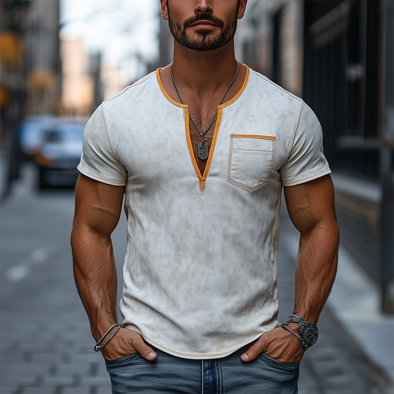 Men's Fashion Slim Casual Deep V-Neck Textured Suede Short Sleeve T-Shirt