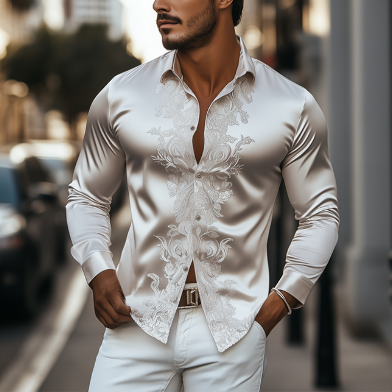 Herren Frühlingsmode Klassisches Retro Satin Stickerei Slim Fit Langarmhemd