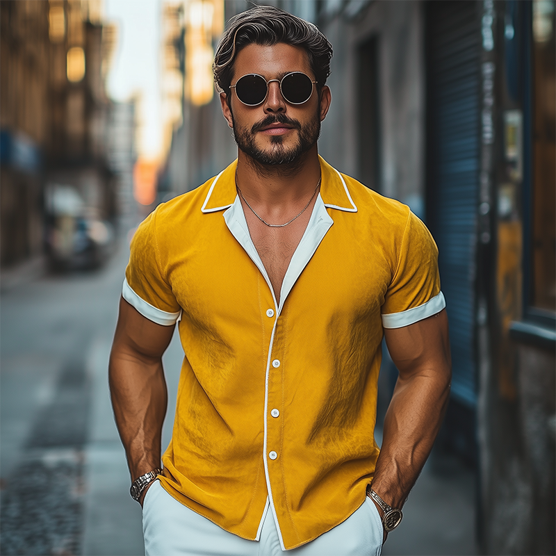 Herren Frühlings- und Sommermode Slim Kontrastfarbe Revers Tencel Baumwolle Kurzarmhemd