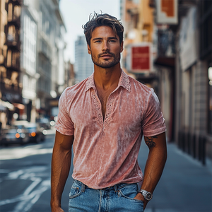 Men's Spring Fashion V-neck Lace Stitching Velvet Short-sleeved POLO Shirt