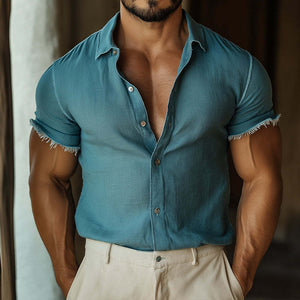 Herren Retro Casual Ripped Revers Kurzarmhemd