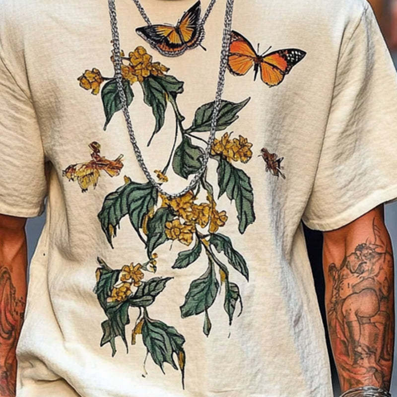 Men's Loose Butterfly Printed Round Neck Short Sleeve T-Shirt