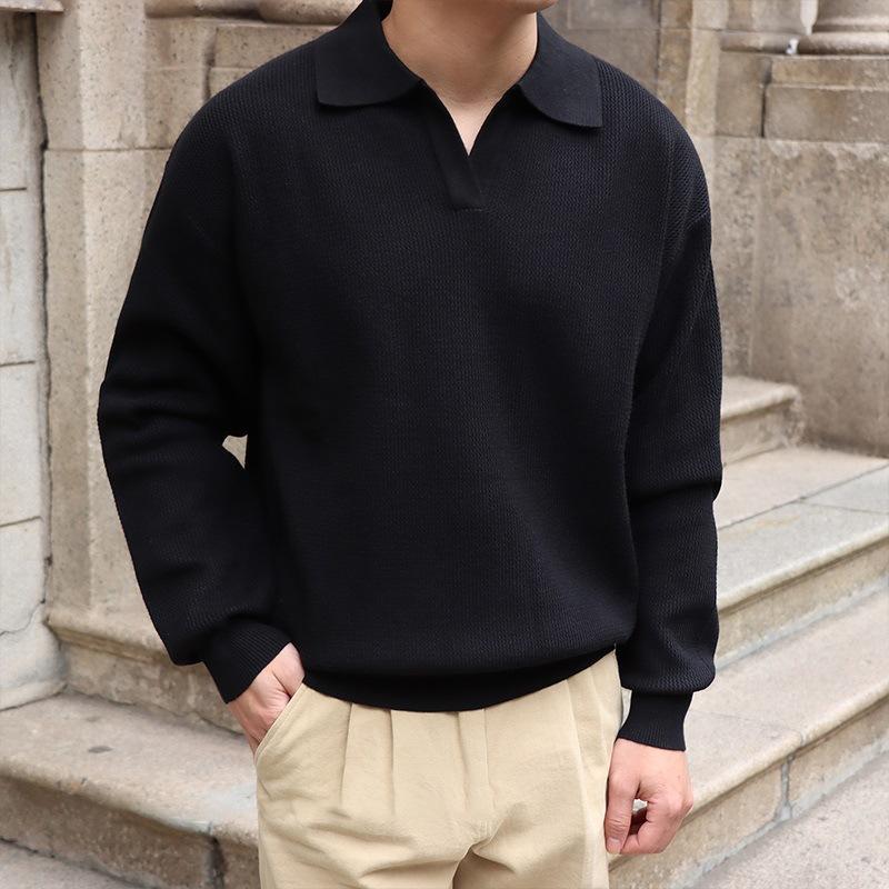 Einfarbiges, langärmliges Strick-Poloshirt mit Revers für Herren