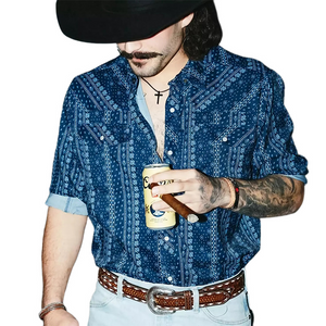 Men's Casual Dark Blue Retro Print Lapel Long Sleeve Shirt