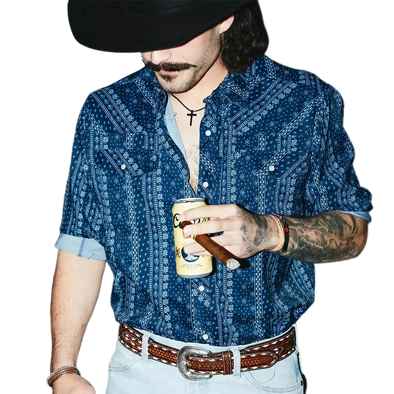 Lässiges dunkelblaues Langarmhemd mit Retro-Print für Herren