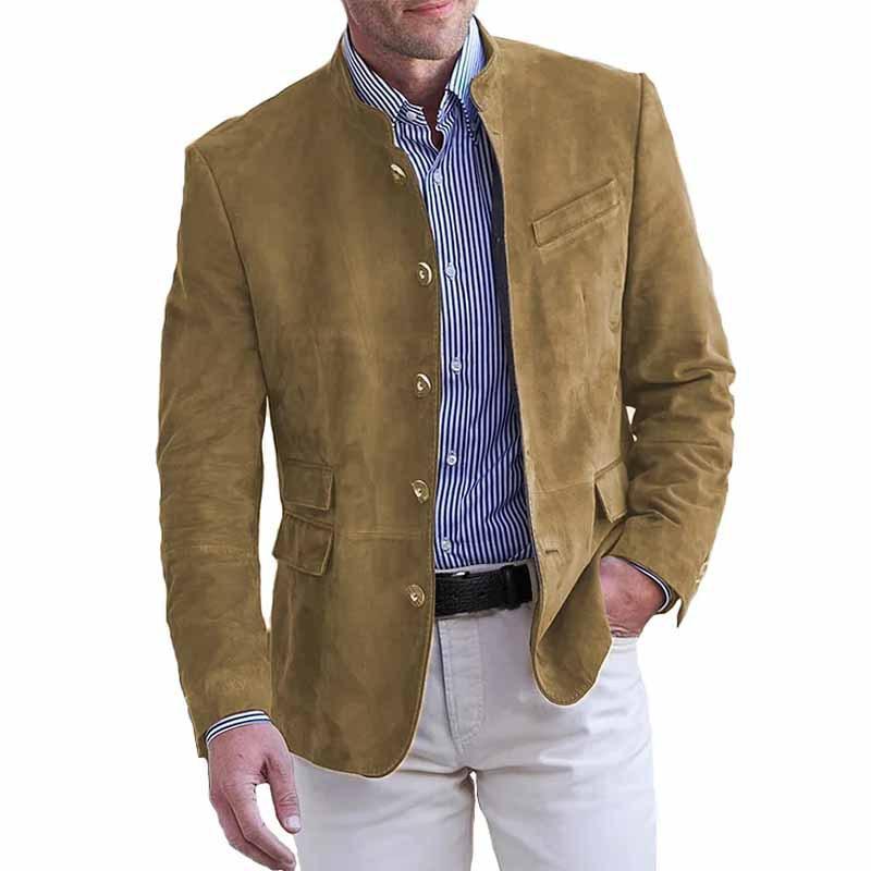 Herren-Blazer im Retro-Stil mit Stehkragen, einreihig, schmaler Passform und mehreren Taschen