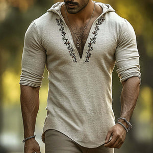 Herren Retro Casual Leinen Besticktes Langarmhemd mit Kapuze