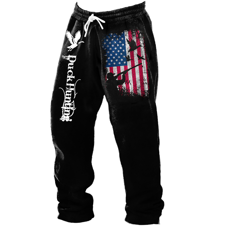 Men's Retro Duck Deer Hunting American Flag Print Pocket Elastic Waist Pants Sweatpants