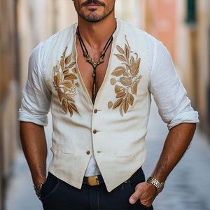 Bequeme Herrenweste aus Baumwolle und Leinen mit Goldstickerei