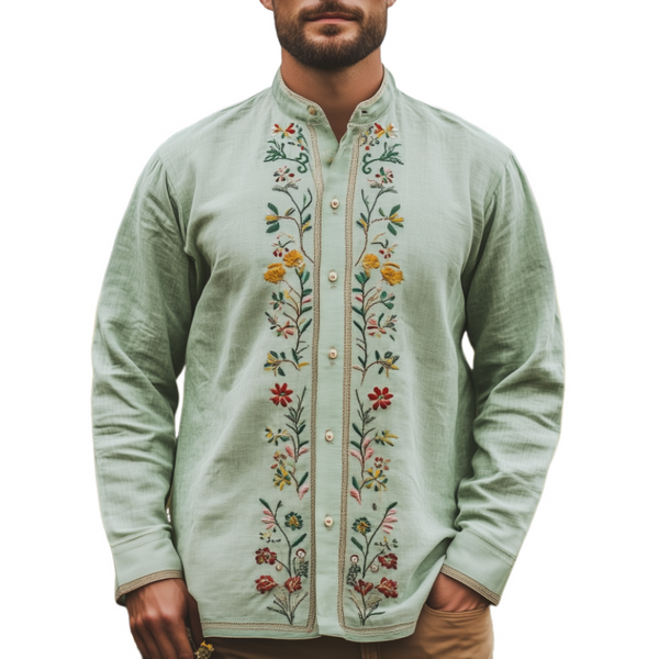 Herren Frühling und Sommer Mode Retro Casual Stehkragen Besticktes Langarmhemd