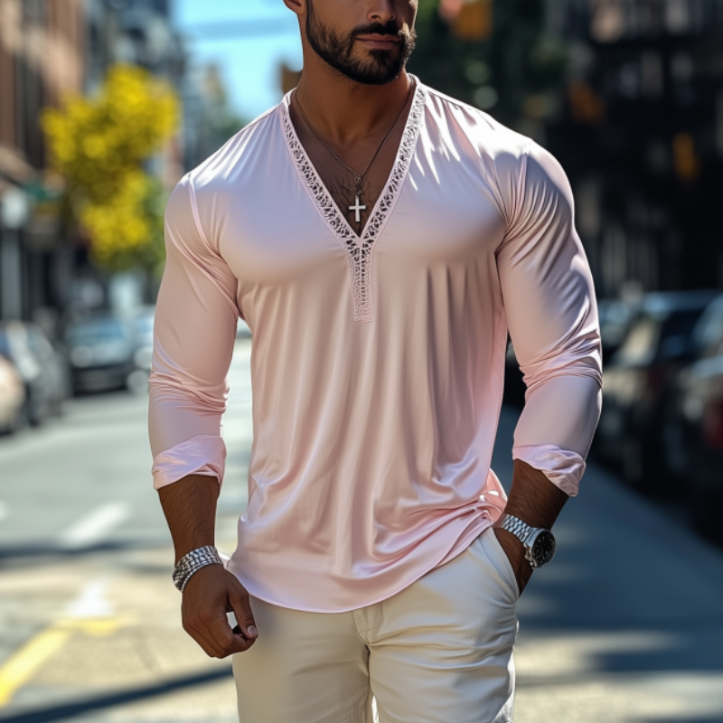 Herrenmode Lässiges, sexy T-Shirt mit tiefem V-Ausschnitt und langen Ärmeln aus Spitze und Satin