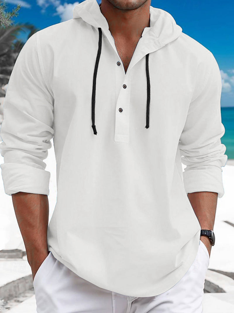 MEN'S PEARL COTTON LONG SLEEVED HOODED SOLID COLOR HOODIE WITH HALF OPEN COLLAR AND DRAWSTRING