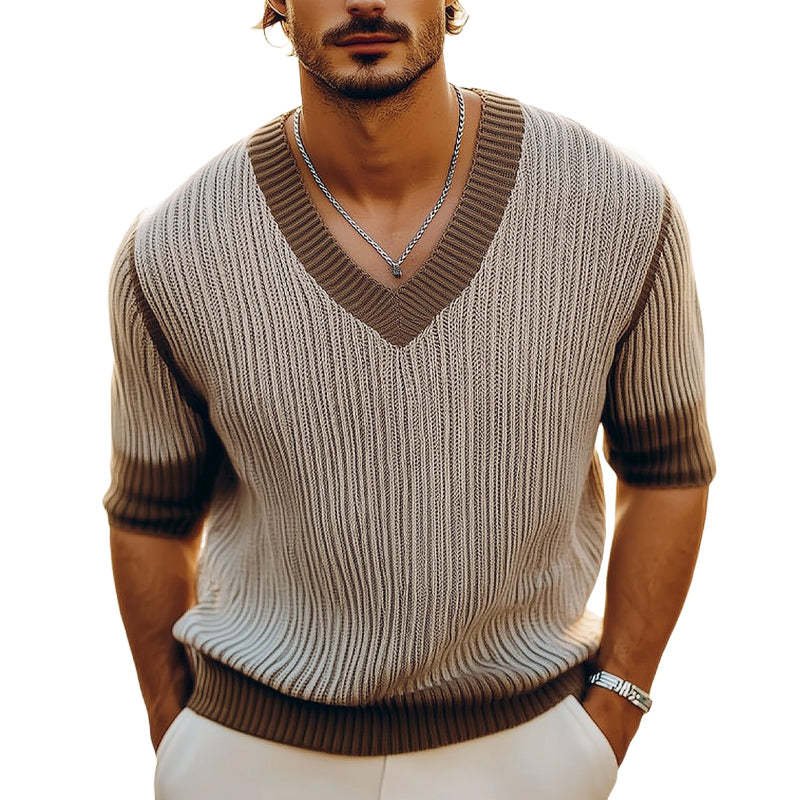 Men's Summer V-neck Thin Knitted Short-sleeved T-shirt