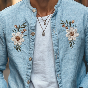 Men's Casual Linen Floral Embroidery Stand Collar Slim Fit Long Sleeve Shirt