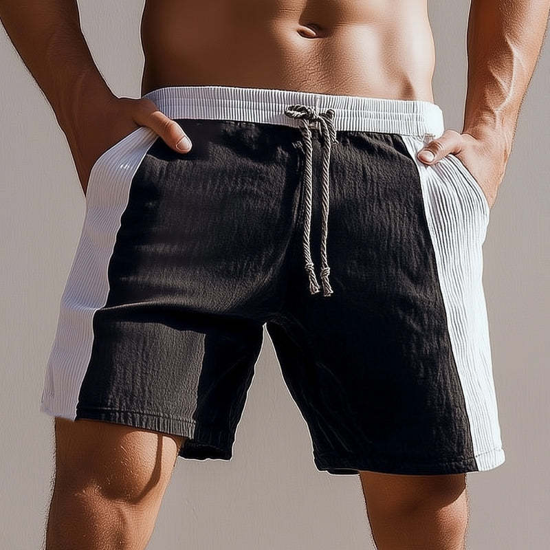Men's Black And White Lace-Up Textured Shorts