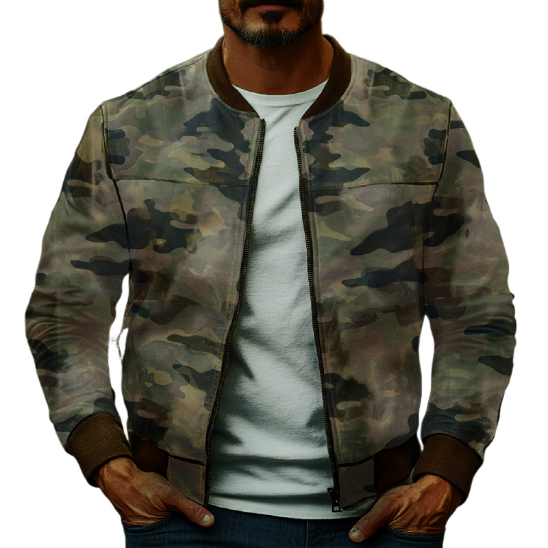Men's Casual Camouflage Baseball Leather Jacket