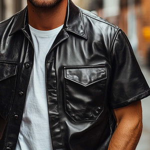 Men's Summer Loose Black Leather Short Sleeve Shirt