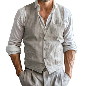 Men's Casual Cotton Linen V-neck Single-breasted Patch Pockets Vest