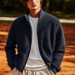 Herren-Cardigan mit Waffelmuster, Stehkragen und Reißverschluss