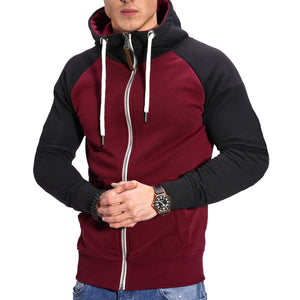 FARBIGE BLOCKIERTE FITNESS-SPORT-HOODIE FÜR HERREN, CASUAL FASHION, KONTRASTIERENDES CARDIGAN-TOP MIT RAGLANÄRMELN