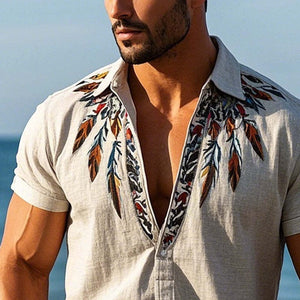 Men's Vintage Feather Embroidered Pullover Short Sleeve Shirt