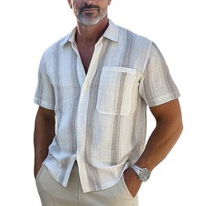 Men's Casual Vertical Striped Cotton And Linen Short-sleeved Shirt