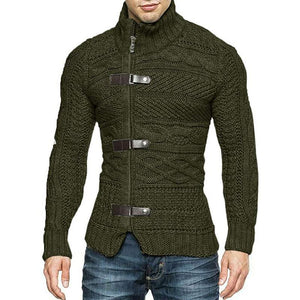 Men's Casual Stand Collar Zipper Cable Knitted Slim Cardigan