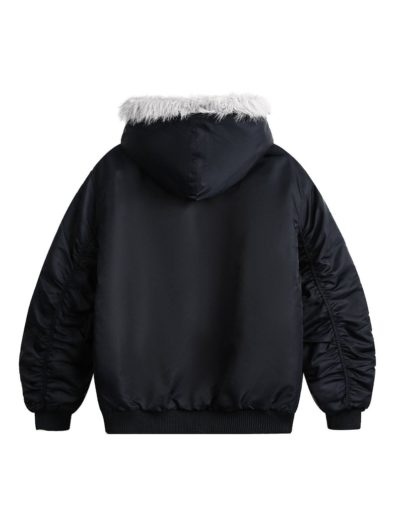 Fur Hooded Pleated Quilted Bomber Jacket