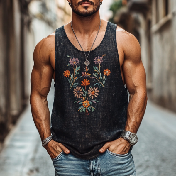 Lässiges Herren-Tanktop mit Rundhalsausschnitt, Leinen und Blumenstickerei, schmale Passform
