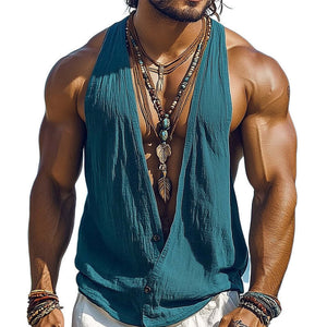 Men's Summer Basic Deep V-Neck Cotton And Linen Tank Top