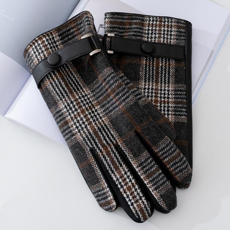Men's Plaid Plush Warm Touch Screen PU Leather Gloves