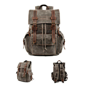 Men's Vintage Beeswax Canvas Outdoor Leather Multi-Pocket Backpack