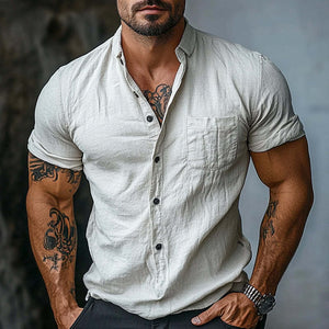 Men's Casual Solid Color Cotton Short Sleeve Shirt